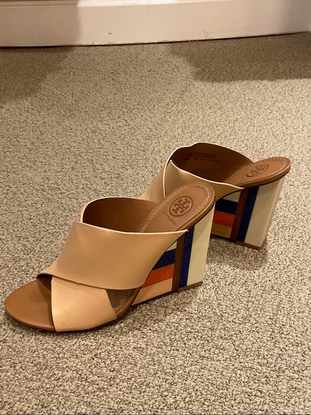 Tory Burch Beige Leather Slide Mules with Multicolor Block Heel